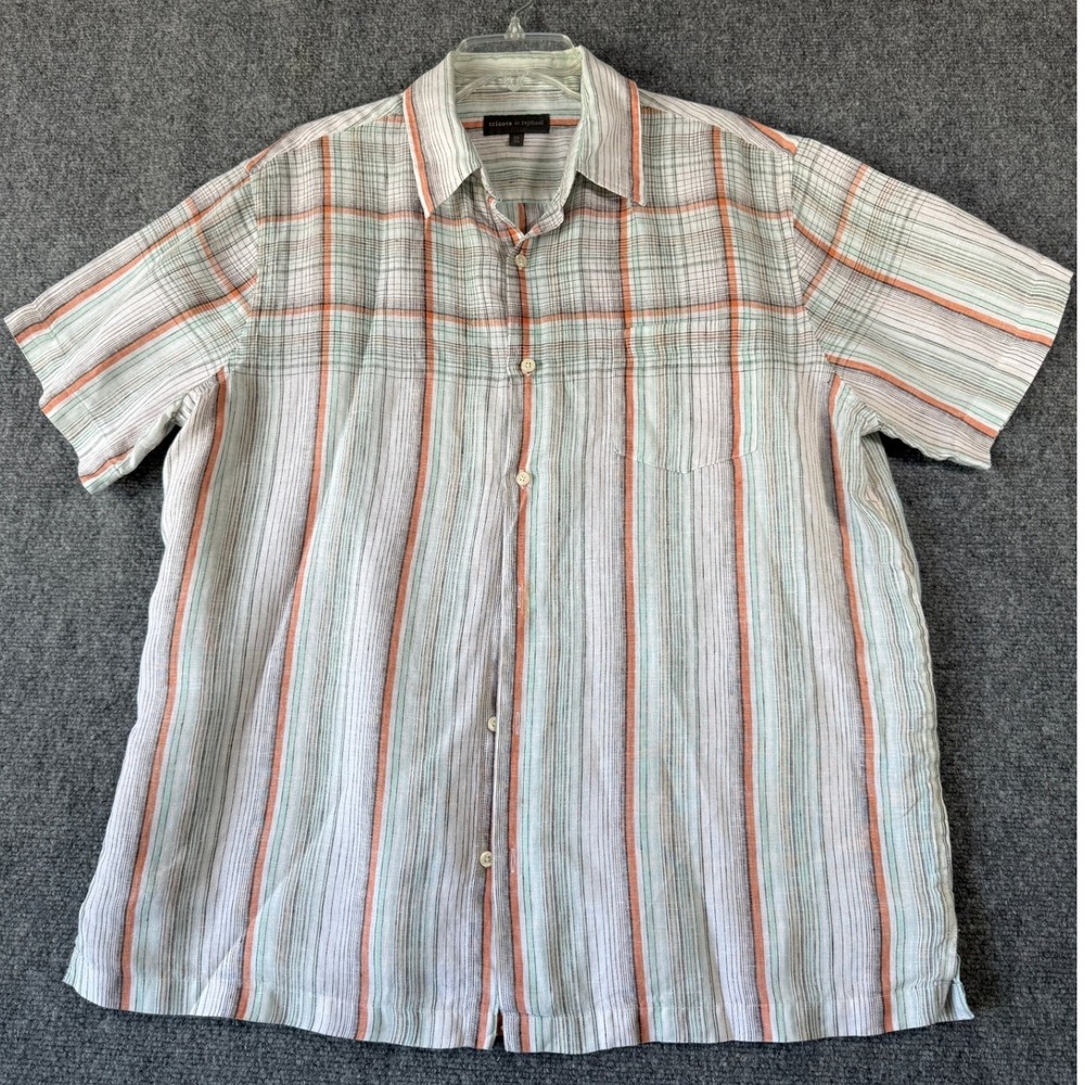 Tricots St Raphael Mens XL‎ Linen Button Up Shirt Striped Plaid Short Sleeve